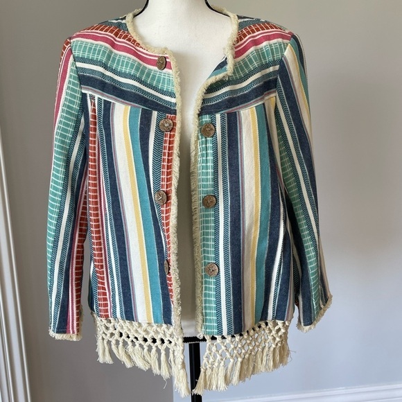 Multiples striped tassel fringe bohemian look open front jacket in a size large - Picture 1 of 16
